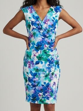 LRL Floral Faux Wrap Sheath Dress Ruching Knee Length Party Church Garden Career